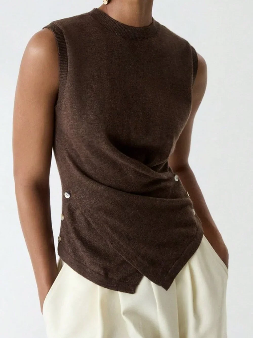 Coffee Brown Casual Women's Elegant Soft Pullover Side Button Knit Top